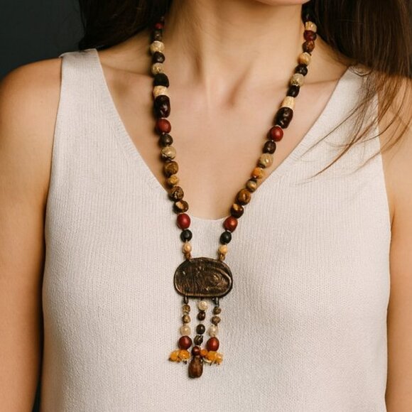 Unbranded Jewelry - Vintage Multi‑Strand Beaded Necklace Stone Carved Pendant Wood Beads 17"
